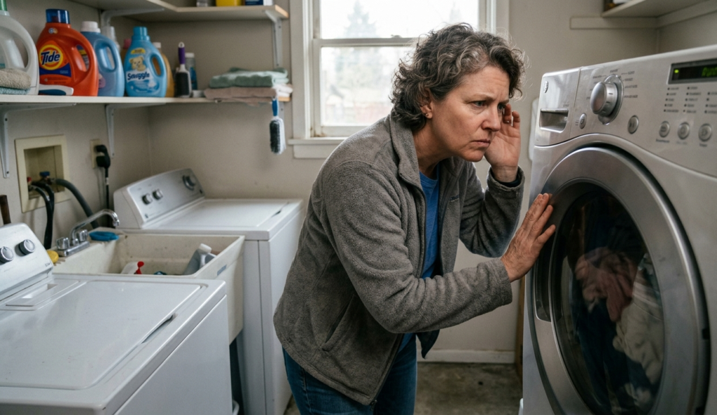 homeowner looking concerned, listening to the machine.